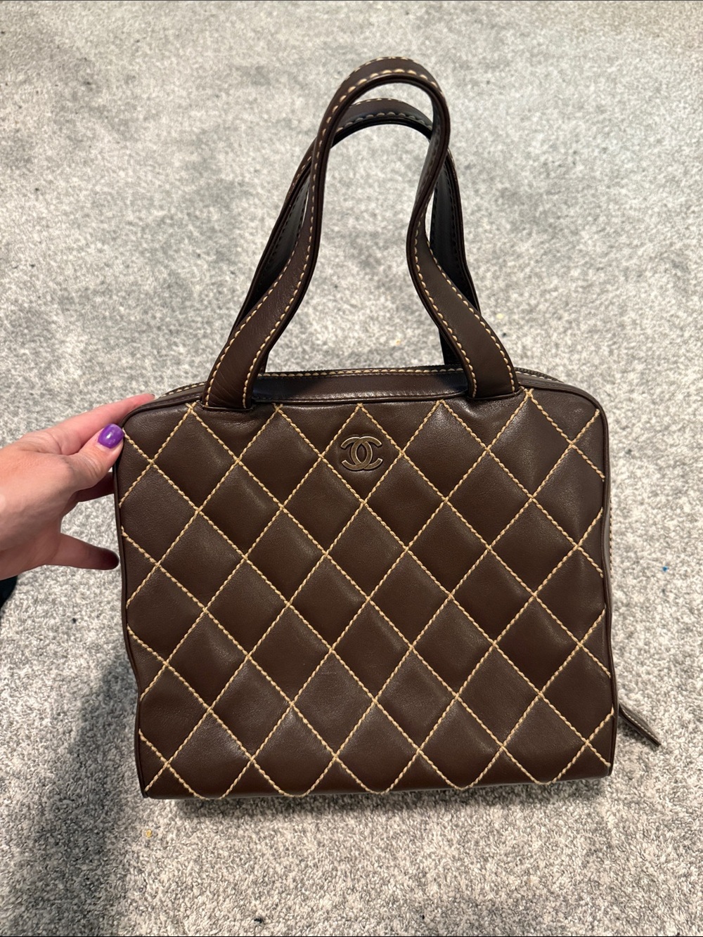 CHANEL Brown Quilted Leather Satchel with Contrast Stitching